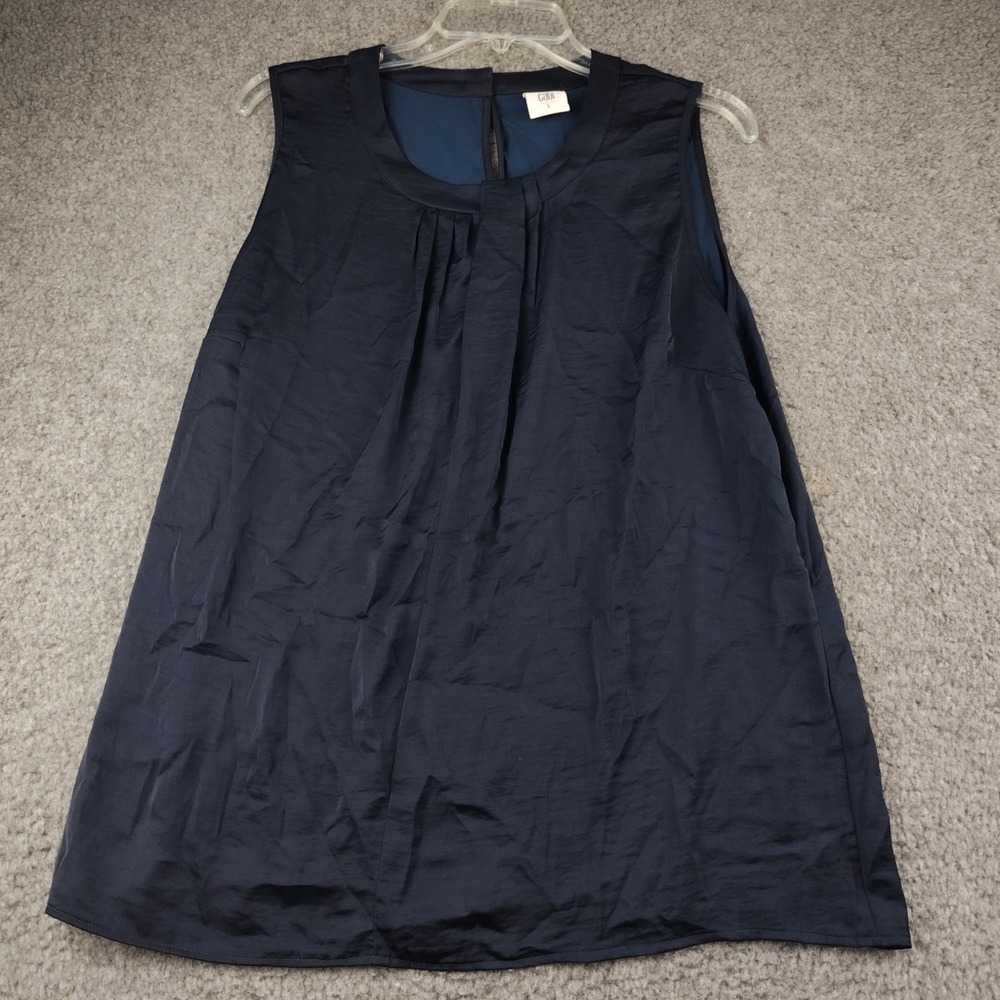 Cabi Blouse Sz Large Navy Blue Pleated Sleeveless Satin Finish Silky Feel EUC
